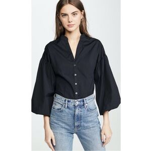 Veronica Beard Aileen Blouse Button Down Puff Drop Sleeve Stretch Poplin Black 4